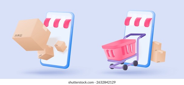 3D online deliver service, delivery tracking smartphone, hand holding mobile for shipment tracking concept. Product shipping packing out from smartphone. Logistic icon 3d vector render illustration