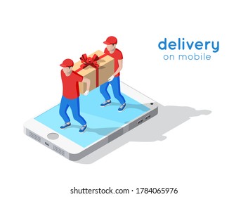 3D Online delivery on phone concept. Fast delivery by man via mobile. Logistic order delivery service workers isolated on white background. Online food order infographic. Box with bow