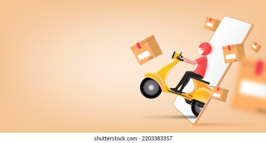 3d Online delivery service or delivery tracking mobile application concept. Delivery man driving scooter out of mobile and parcel box floating in the air. Tracking courier by map application.