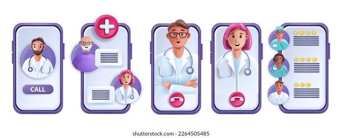 3D online doctor telemedicine concept, vector medical video call man woman therapist avatar, patient. Virtual internet patient digital remote health care service. Online doctor support, smartphone