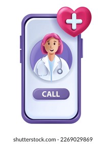 Concepto de telemedicina de doctores en línea 3D, avatar de terapeuta femenina, videollamada médica vectorial llamada smartphone. Un paciente de Internet virtual consulta el servicio de atención de salud remota digital. Cliente de asistencia médica en línea