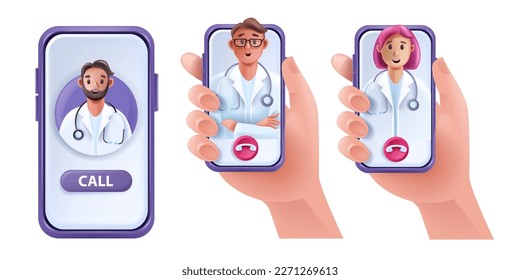 3D online doctor telemedicine concept, medical video call vector man woman therapist avatar, hand. Virtual internet patient digital remote health care service. Online doctor support, smartphone