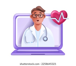 3D online doctor, telemedicine virtual consult concept, vector internet medical network laptop. Healthcare cardiologist video call, digital appointment meeting service. Online doctor remote diagnosis