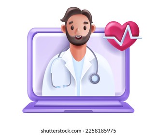 3D online doctor, vector telemedicine virtual consult concept, internet medical network laptop. Healthcare cardiologist video call, digital appointment meeting service. Online doctor remote diagnosis