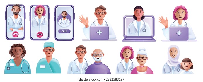 3D online doctor vector telemedicine concept, medical video call man woman therapist avatar, patient. Virtual internet patient digital remote health care service. Online doctor support, smartphone