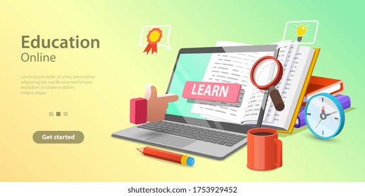 3d Online Education Concept, Landing Page Template for Website, Distance Courses and E-learning, Digital Cloud Library.