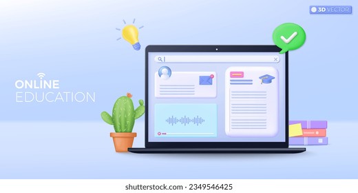 3d online education icon symbol. Noteook computer, stacks of book, cactus, speech bubble, online course application, e-learning concept. 3D vector isolated illustration, Cartoon pastel Minimal style.