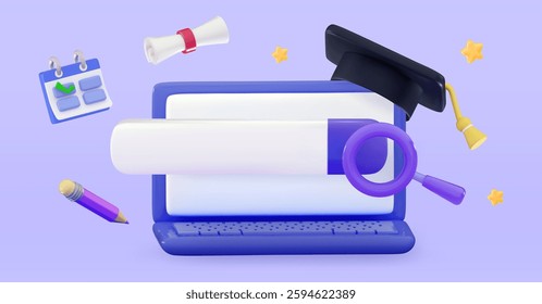 3D Online education on website Application e-learning Internet classes Webinar Digital classroom Online tutorials