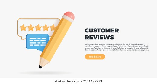 3D Online feedback. Pencil with five star customer review and speech bubble message. Write comment on product. Survey form. Forum with polls. Best rating. Cartoon creative design vector illustration