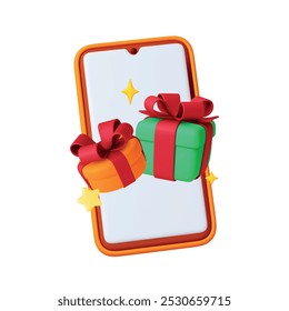 3d regalo en línea. 3d presentan cajas en la pantalla del teléfono inteligente con estrellas amarillas. Sorpresa digital, tienda de Web o regalos de Suscriptor. Descuento y ventas, concepto realista de Vector