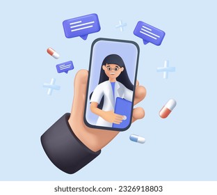 3D Online medical consultation. Close up of person hold smartphone talk speak on video call with doctor. Woman have webcam consultation on cellphone with therapist or GP. Internet communication. 3D