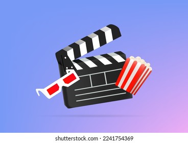 3d online movie watching with popcorn, 3D glasses and movie strip movie concept. vector illustrations.