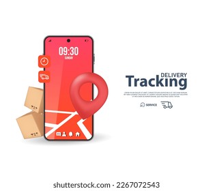 Seguimiento de pedidos en línea 3D con asignación de ubicación de pin. Envío de paquetes de entrega de respuesta rápida en el móvil. Ilustración del vector