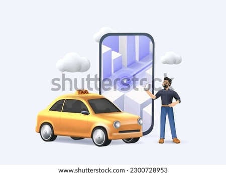 3D online ordering taxi car, rent and sharing using service mobile application. Man near smartphone screen with route and points location on a city map on the car urban landscape. 3D cartoon render