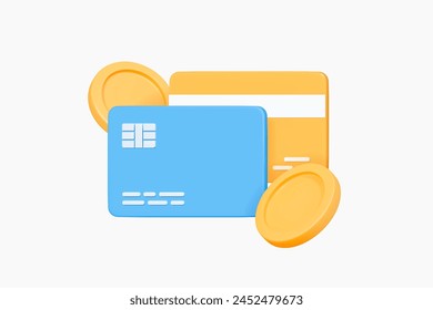 3D Online payment concept. Credit cards with floating gold coins. Online transfer money. Purchase and shopping. Financial transactions. Cartoon creative design icon. 3D Vector illustration