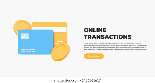 3D Online payment concept. Credit card with floating golden coins. Banking bill. Mobile transactions. Money transfer. Refund and cash back. Cartoon design banner with text. 3D Vector illustration