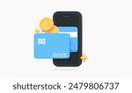 3D Online payment concept. Mobile phone with credit cards and coins. Bank wallet for money transactions. Financial transfer. Cartoon creative design icon. 3D Vector illustration