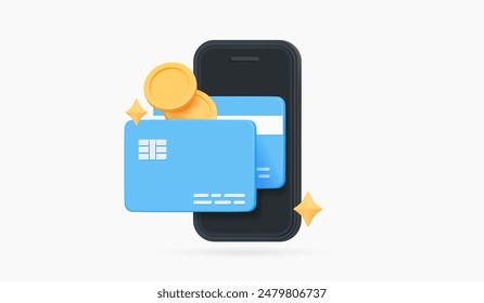 3D Online payment concept. Mobile phone with credit cards and coins. Bank wallet for money transactions. Financial transfer. Cartoon creative design icon. 3D Vector illustration