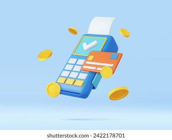 3d Online payment concept. Pos terminal, receipt, coins and credit card, Payment terminal, online transfer, online shopping, transactions online. 3d rendering. Vector illustration