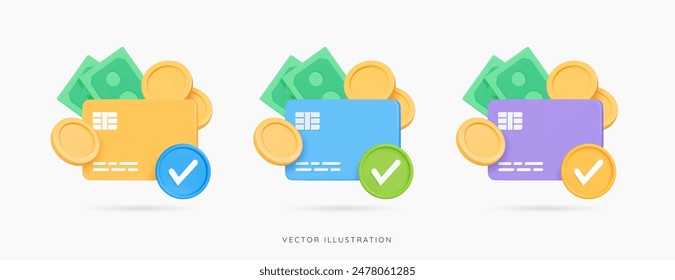 3D Online payment icon set. Credit card with paper money, gold coins and check mark. Business and finance concept. Purchase and shopping with plastic card. Cartoon creative design elements. 3D Vector