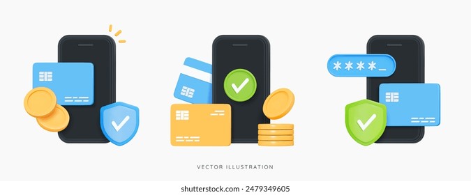 3D Online payment icon set. Mobile phone with credit card and coins. Secure money transfer. Protected transactions. Shield with pin code and check mark. Paid bill. Cartoon design objects. 3D Vector