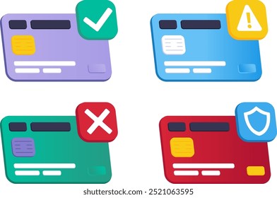 Conjunto de iconos de pago en línea 3D. Tarjetas de crédito coloridas con marcas de verificación. Pago sin efectivo, concepto de transacción. Compra con tarjeta de plástico. Plantilla de Vector para App de pagos, empresas y publicidad