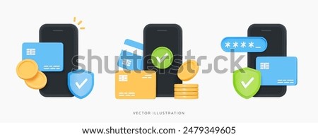 3D Online payment icon set. Mobile phone with credit card and coins. Secure money transfer. Protected transactions. Shield with pin code and check mark. Paid bill. Cartoon design objects. 3D Vector