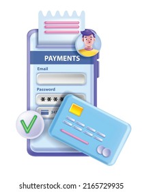 3D online payment phone app illustration, smartphone screen, login vector mobile digital money wallet. Finance banking service, card, avatar, safe transaction funds transfer. Bank online payment