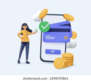 3D Online-Zahlungsfrau verwendet Smartphone für Transaktionen und sicher. Online-Zahlung Handy, Internet-Geld zahlen 3D-Illustrationsvektor. Online-Banking-Zahlungen Einfache Zahlung per Rechnung
