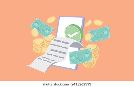 3D Online payments agree bill and coins floating.Pay money via app mobile phone Internet banking, refund exchange transfer concept.3d goal for business, bank, finance, investment, money illustrations.