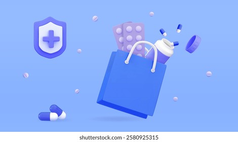 3d online pharmacy Bag with bottle and scattered pills and capsules Buy medical pills shopping concept 3d icon vector render illustration