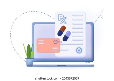 3d online pharmacy. Electronic prescription rx by email. Treatment information message. Prescription with tablets, pills on the laptop screen. The concept of buying,  ordering medicines online.Vector 