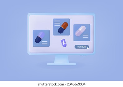 3d Online pharmacy, electronic purchase or selection of drugs. Blister pack, pills, capsules with a discount or bonus. Advertising, promotional offer of medicines. Pharmacy banner. Choice pills.Vector