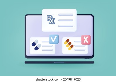3d Online Pharmacy, Electronic Purchase, Selection Of Drugs. Doctor's Prescription, Correct Use And Choice Of Drugs On The Computer Screen. Pharmacy Banner. Choice, Buy Pills. Vector Illustration
