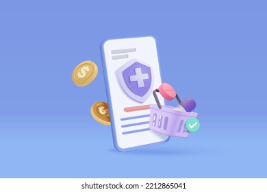 3d online pharmacy with first aid kit and medical equipment. 3d medicine ordering mobile and payment with money concept of healthcare. 3d medical drug store online icon vector render illustration