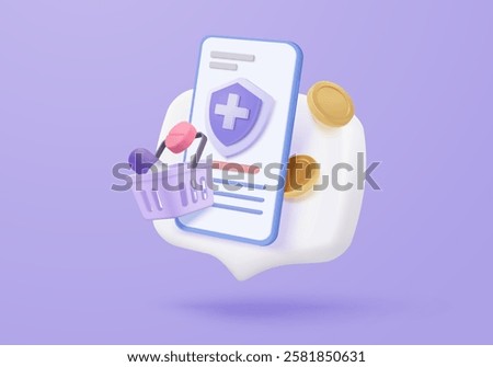 3d online pharmacy with first aid kit and medical equipment. Medicine ordering mobile phone and payment with money concept of healthcare. 3d drug store and e-commerce icon vector render illustration