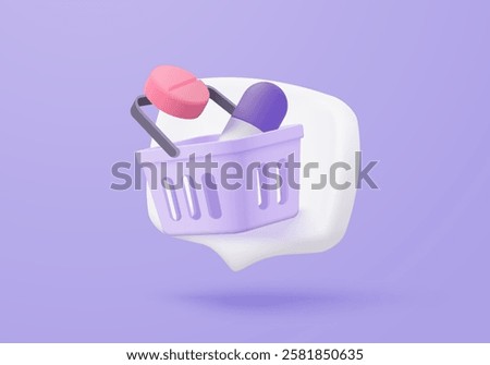 3d online pharmacy with first aid kit and medical equipment. Medicine ordering with mobile phone and shopping bag concept of healthcare. 3d drug store and e-commerce icon vector render illustration