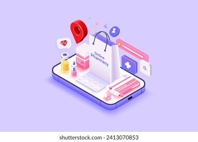 3D online pharmacy store, buy medical pills shopping concept. A bag with a syringe and the bottle. 3d rendering illustration. A horizontal banner with an empty space. for the text. Vector 3d