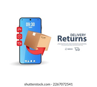 3D Online Returns Delivery on Mobile. Fast respond delivery package shipping. Vector illustration