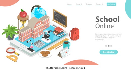 3d Concepto escolar en línea, plantilla de página de inicio para sitio web, cursos a distancia y aprendizaje electrónico, Volver a la escuela digital.