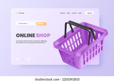 3d online shop basket. Floating purple shopping cart for marketing trading store website promotion browser page, empty supermarket bucket fashion goods, render vector illustration of basket shop