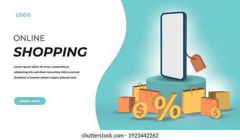 3d Online shop landing page background. realistic vector illustration. Digital marketing on website and mobile application.