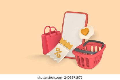 3d online shop. Pc monitor and keyboard with shopping bag, basket, discount coupon and gift box. Modern online shopping. Vector illustration.