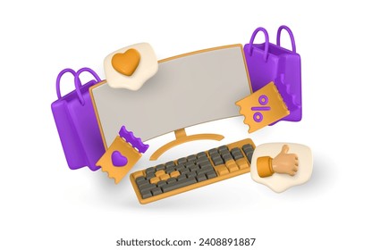 3d online shop. Pc monitor and keyboard with shopping bag, basket, discount coupon and gift box. Modern online shopping. Vector illustration.