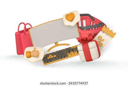 3d online shop. Pc monitor and keyboard with shopping bag, basket, discount coupon and gift box. Modern online shopping. Vector illustration.