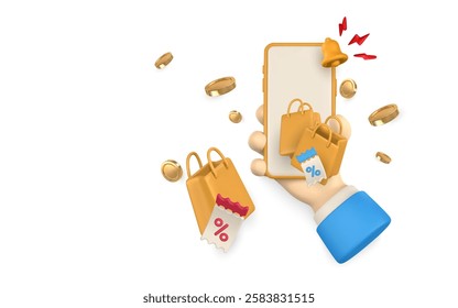 3d online shop. Phone in hand, shopping bags. Modern online shopping, application for smartphone. Vector illustration.