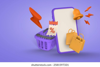 3d online shop. Smartphone with shopping bags and basket. Modern online shopping, application for smartphone. Vector illustration.
