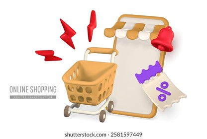 3d online shop. Smartphone with shopping cart. Modern online shopping, application for smartphone. Vector illustration.