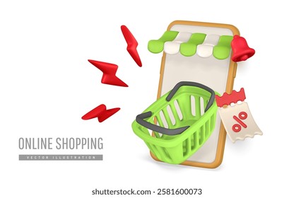 3d online shop. Smartphone with shopping basket. Modern online shopping, application for smartphone. Vector illustration.