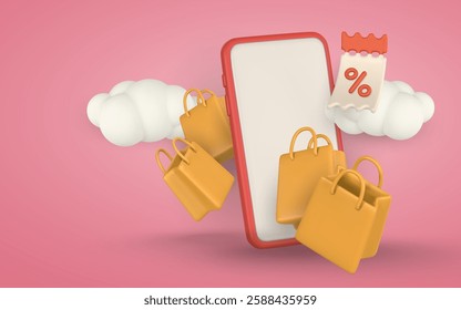 3d online shop. Smartphone with shopping bags and cloud. Modern online shopping, application for smartphone. Vector illustration.